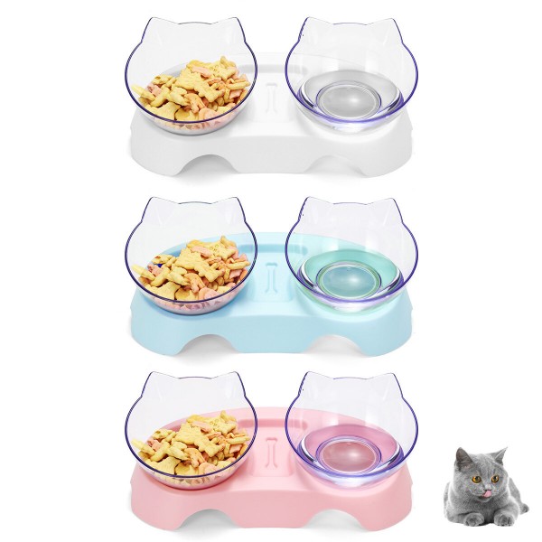 Cat Double Bowl Non-slip Pet Food Water Feeder Dish Elevated Stand Pet  Supplies Puppy - White