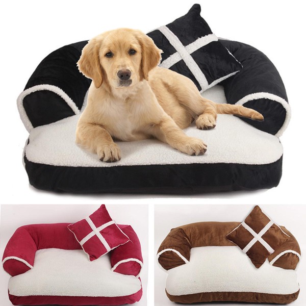 S/M/L Soft PP Cotton Pet Bed Sofa Dog Puppy Winter Warm Mat Kennel Cat Litter Pet Supplies With Pillow - Black M