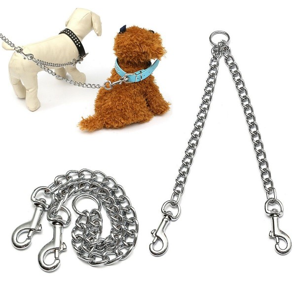  Double Dog Puppy Coupler Twin Lead Chain Leash 2 Way 2 Pet Dogs Walking  - S