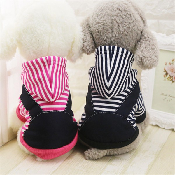 Pet Dog Winter Cotton Clothes Warm Soft Straps Stripe Color Hoodie Coats With Hat In All Size - XL Black