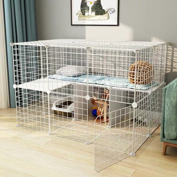 Pet Iron Fence House Foldable DIY Playpen Iron Fence Kennel Exercise Training Space For Cat Dog - With door White