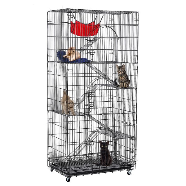 PawGiant Oversized 6 Tier Cat Cage 77" Tall 1-5 Cats w/Hammock, Cat Bed &amp; 5 Ramp Ladders 5 Platforms 3 Front Door Tray Cat L