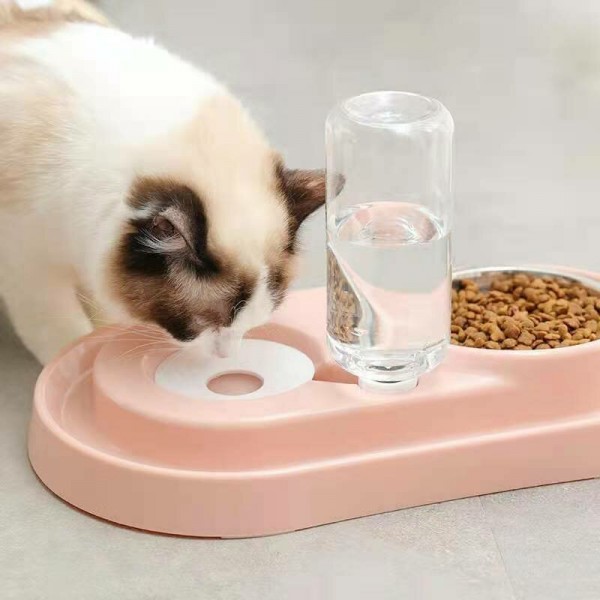 Pet Bowl Automatic Feeder Double Bowl Pet Water Dispenser Multifunctional Pet Feeder with Water Bottle -  Pink