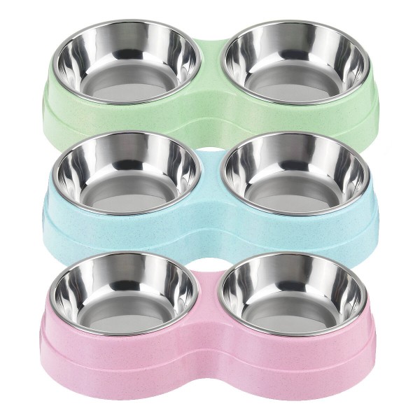Stainless Steel Double Bowls Pet Food Water Bowl Cat Dog Puppy Feeder Pet Water Food Dish - Green