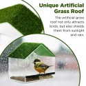 Window Bird Feeders for Outside, Bird Feeder Nature Green Large Roof with Artificial Grass, Removable Sliding Tray, Drain