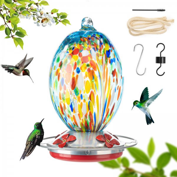 gracosy Hummingbird Feeders for Outdoors, Hand Blown Glass Hummingbird Feeder, for Garden Backyard Decor, 32 Ounces Hummingbird 
